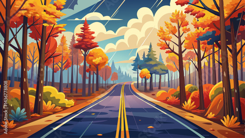 A serene, rainy day autumn road stretches infinitely into the forest, lined with vibrant, colorful trees shedding leaves under overcast skies