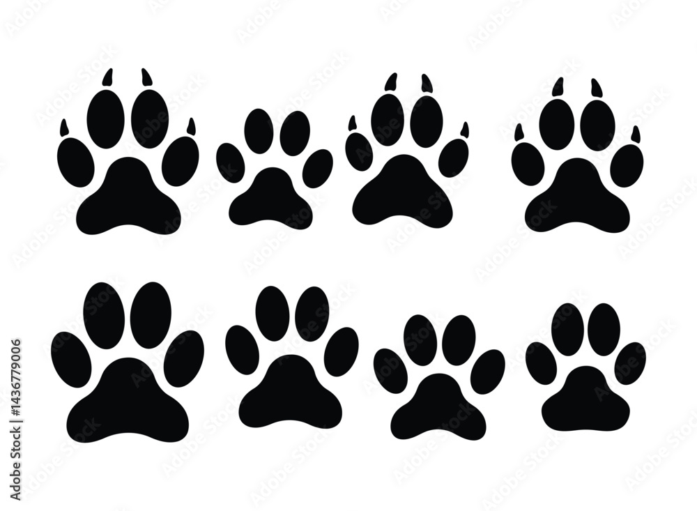 Fototapeta premium Stylish Animal Paw Prints Silhouettes for Home Decor and Art Projects on white background