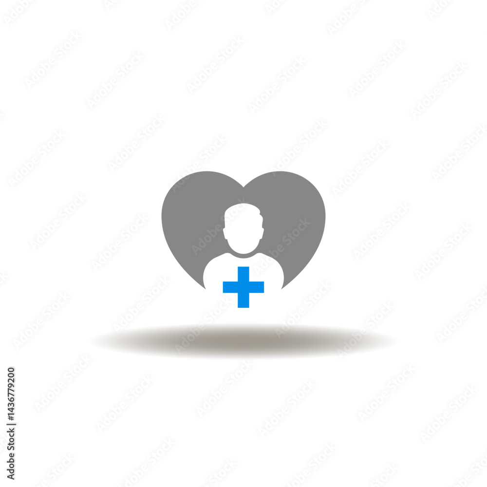 Vector illustration of heart and person with medical pharmacy cross. Symbol of patient confidentiality. Icon of patient care.