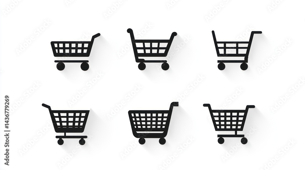 Six shopping cart icons, white background, online shopping, e-commerce Six shopping cart icons, white background, online shopping, e-commerce