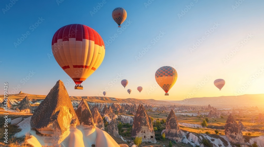 Obraz premium Hot Air Balloons Flying Over Cappadocia Landscape at Sunrise Holiday