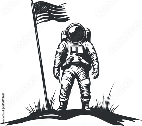 Black and white illustration of an astronaut standing on a surface next to a waving flag symbolizing space exploration and discovery.