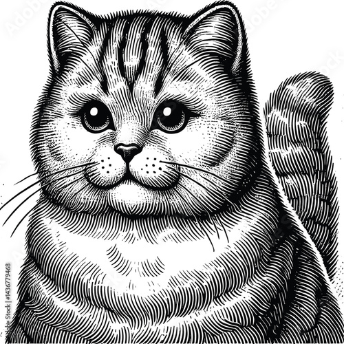 Engraved Cat Portrait – Vintage Style Animal Illustration, drawn in an engraved, woodcut style with fine details sketch engraving vector illustration. Scratch board imitation. Black and white image. 