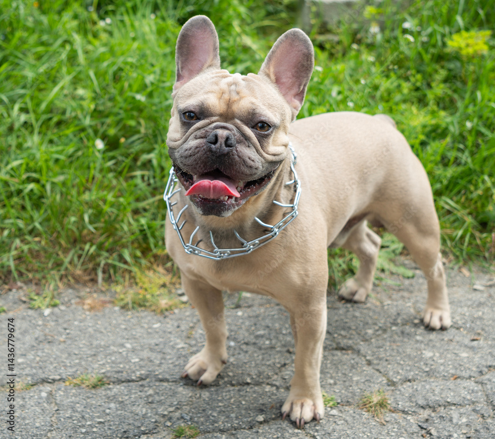 French Bulldog with silver choke collar happily stands on a green foliage in the background, its tongue playfully sticking out French Bulldog with silver choke collar happily stands on a green foliage in the background, its tongue playfully sticking out