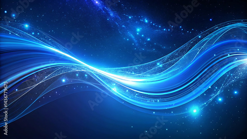 flowing abstract blue wave design with shining stars and glowing light effects, representing elegance, creativity, and futuristic concepts, suitable for technology, business, or artistic visuals