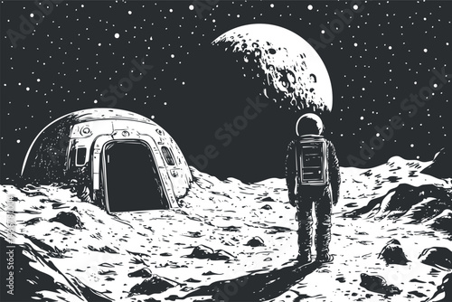 Astronaut standing on the moon surface near a habitat module with stars and a large moon in the background