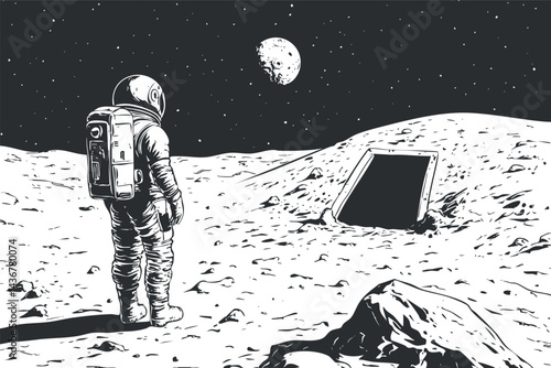 Black and white illustration of an astronaut standing on the moon surface near a mysterious dark portal with a starry sky and distant moon in background