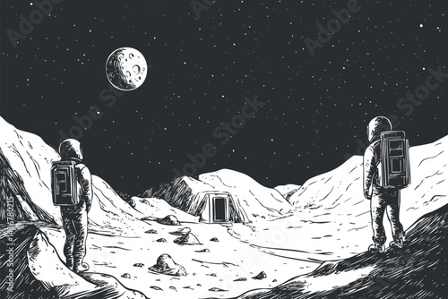 Two astronauts exploring a rocky lunar surface under a starry night sky with a distant moon base