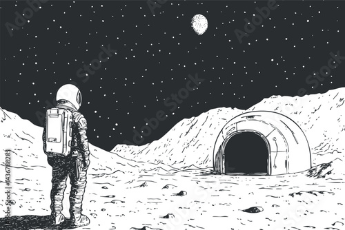 Astronaut standing on the moon's surface near a dome habitat under a starry night sky