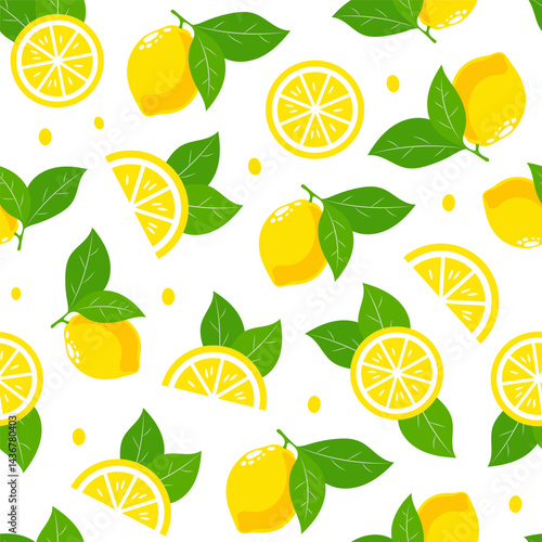 Bright yellow lemons and green leaves create a cheerful pattern on a white background perfect for seasonal decor