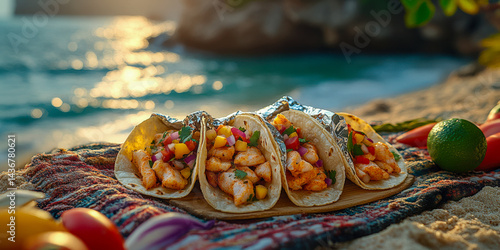 Enjoying delicious fish tacos on a beach blanket by the ocean at sunset with vibrant colors and fresh ingredients
