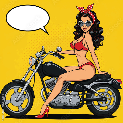 A bold and vibrant pop art illustration of a pin-up girl riding a motorcycle. This image is perfect for retro-themed designs, vintage-style graphics, or eye-catching social media content