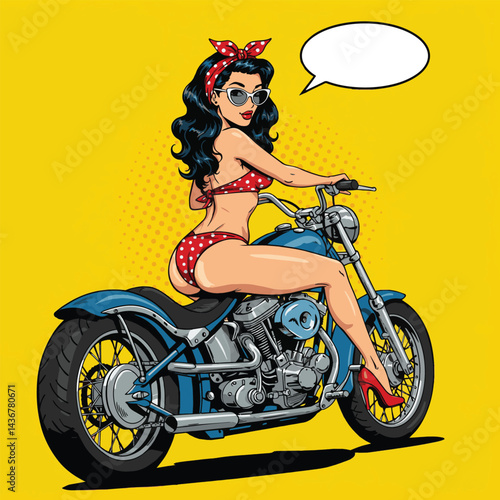 A bold and vibrant pop art illustration of a pin-up girl riding a motorcycle. This image is perfect for retro-themed designs, vintage-style graphics, or eye-catching social media content