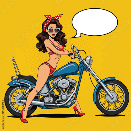 A bold and vibrant pop art illustration of a pin-up girl riding a motorcycle. This image is perfect for retro-themed designs, vintage-style graphics, or eye-catching social media content