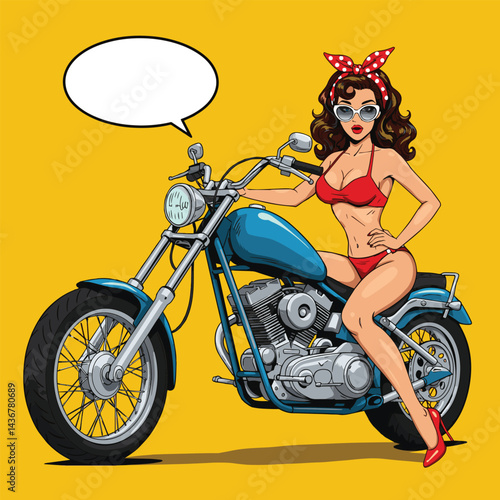 A bold and vibrant pop art illustration of a pin-up girl riding a motorcycle. This image is perfect for retro-themed designs, vintage-style graphics, or eye-catching social media content