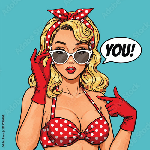 A charming pop art illustration of a pin-up girl adjusting her sunglasses and pointing. This vibrant image is perfect for retro-themed designs, vintage-inspired graphics, or playful social media