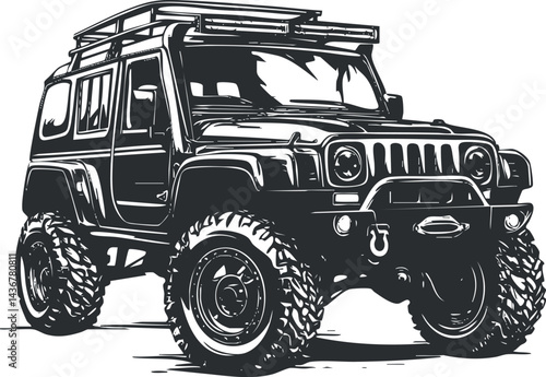 Black and white illustration of a rugged offroad jeep SUV with large tires and roof rack for outdoor adventure