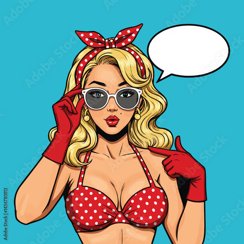 A charming pop art illustration of a pin-up girl adjusting her sunglasses and pointing. This vibrant image is perfect for retro-themed designs, vintage-inspired graphics, or playful social media