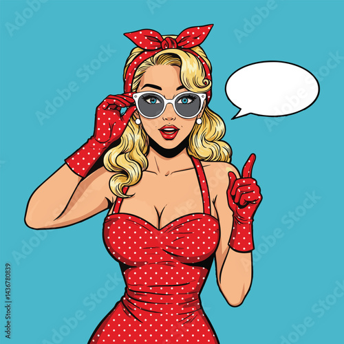 A charming pop art illustration of a pin-up girl adjusting her sunglasses and pointing. This vibrant image is perfect for retro-themed designs, vintage-inspired graphics, or playful social media