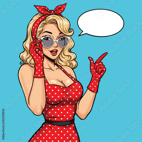 A charming pop art illustration of a pin-up girl adjusting her sunglasses and pointing. This vibrant image is perfect for retro-themed designs, vintage-inspired graphics, or playful social media