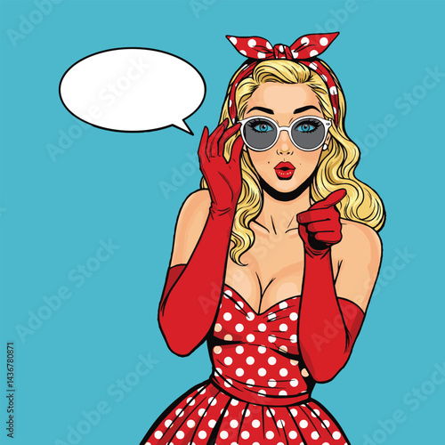 A charming pop art illustration of a pin-up girl adjusting her sunglasses and pointing. This vibrant image is perfect for retro-themed designs, vintage-inspired graphics, or playful social media