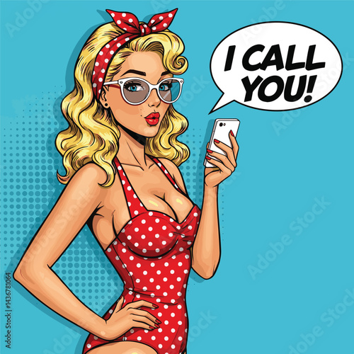 A stylish pop art illustration of a pin-up girl using a smartphone. This image is perfect for retro-themed designs, vintage advertisements, or trendy social media posts