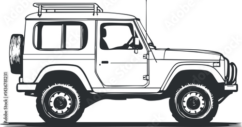 Black and white side view illustration of a jeep offroad vehicle with roof rack and spare tire