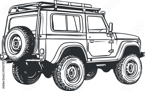 Black and white illustration of an offroad SUV vehicle with spare tire and roof rack for adventure travel.