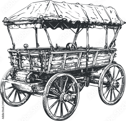 Illustration of an old-fashioned covered wooden wagon with spoked wheels and canvas canopy, used for travel and transport.