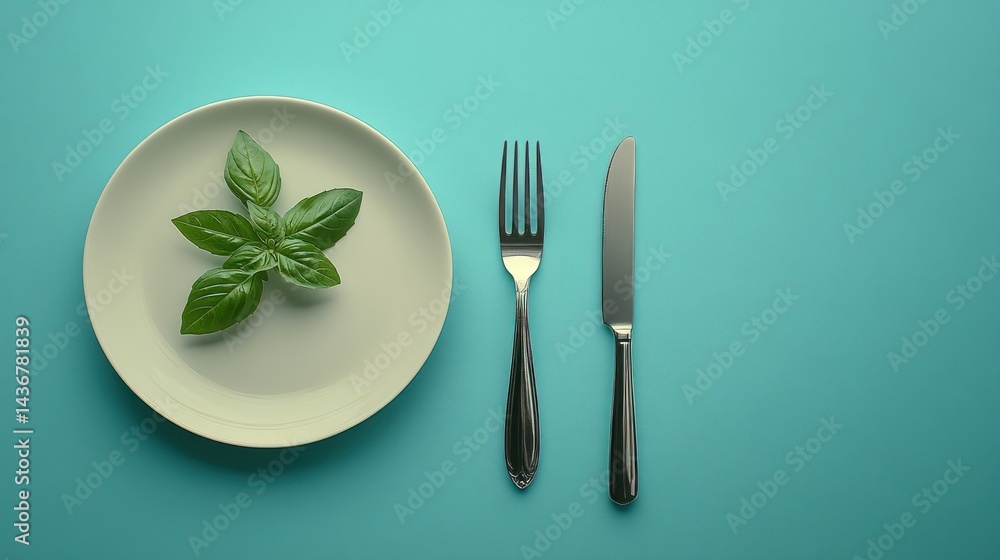Fresh basil sprig on a plate, ready to eat Fresh basil sprig on a plate, ready to eat