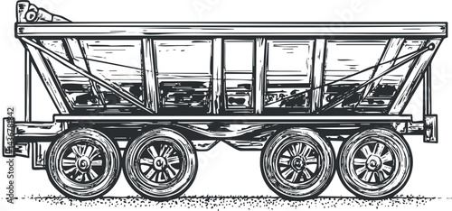 Black and white sketch of a railcar hopper used for transporting bulk materials by train