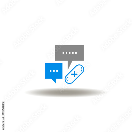 Obraz na płótnie Vector illustration of speech bubbles and pill capsule with medical plus sign. Symbol of online prescription. Icon of medical or pharmaceutical consultation, advice. w salonie