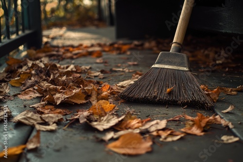 Wallpaper Mural A broom rests beside a pile of autumn leaves on a wooden porch, capturing the essence of fall cleanup. Torontodigital.ca
