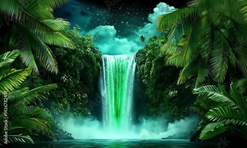 Tropical waterfall lush foliage night