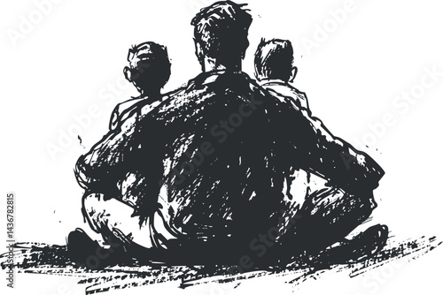 Sketch of a father sitting cross-legged with two children on his knees, showing family bond and love.