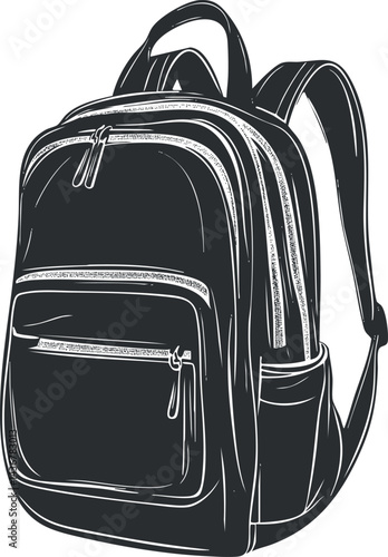 Black and white illustration of a backpack with multiple compartments and zippers for school or travel use