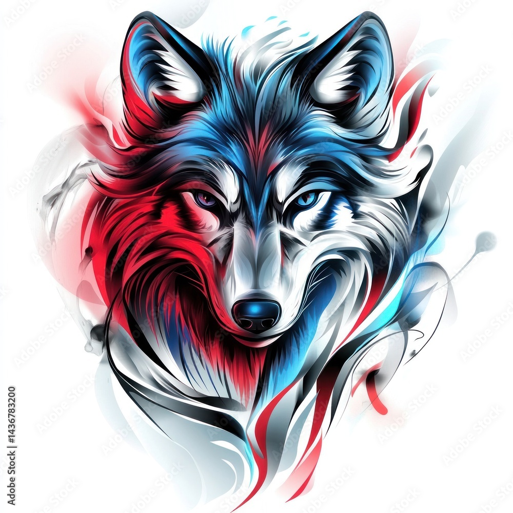 Naklejka premium Fierce wolf portrait, red blue abstract background, artistic design, tattoo concept
