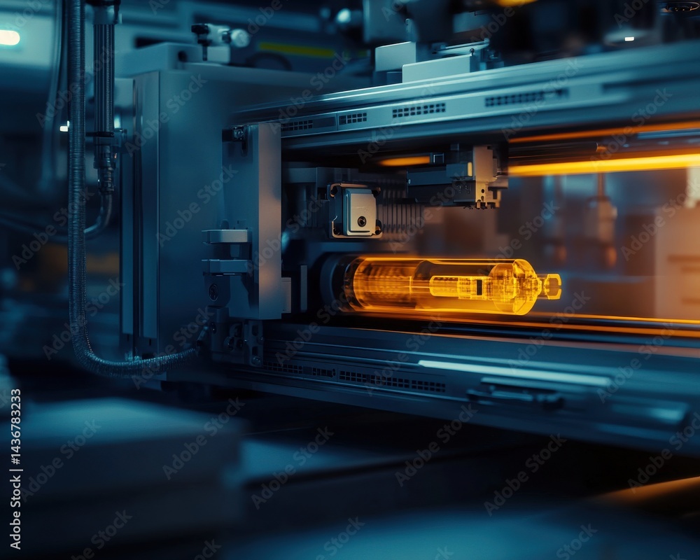 Close-up of a high-tech industrial machine with glowing components and advanced machinery, creating a futuristic ambiance. Close-up of a high-tech industrial machine with glowing components and advanced machinery, creating a futuristic ambiance.