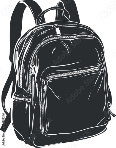 Black and white line art illustration of a backpack with multiple compartments and zippers for travel or school use.