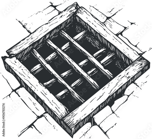 Black and white sketch of a square metal grate with bars set into a stone floor surface for ventilation or drainage
