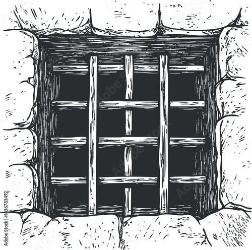 Black and white sketch of a barred window set in a stone wall symbolizing prison confinement and security