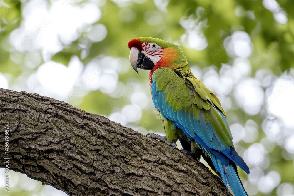 Fototapeta premium vibrant macaw perched on tree branch in tropical forest