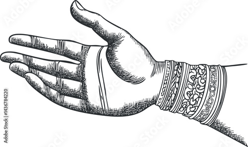 Detailed black and white sketch of an open female hand adorned with decorative bracelets on the wrist.