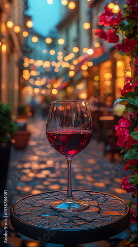 Enjoying red wine at an outdoor cafe surrounded by blooming flowers and soft lights