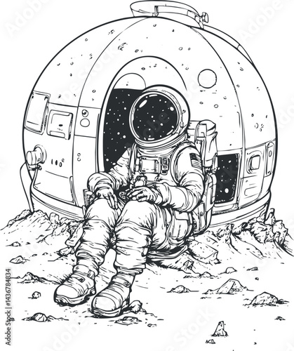 Black and white illustration of an astronaut sitting on lunar surface near a round space habitat module in outer space