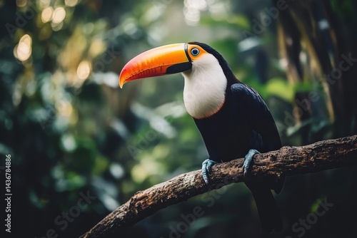 Toucan with bright orange beak perched in tropical jungle