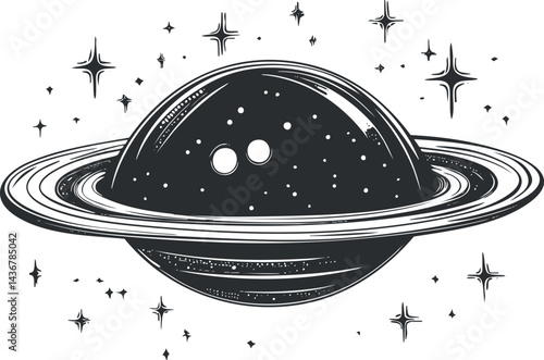 Black and white illustration of a ringed planet surrounded by stars in outer space