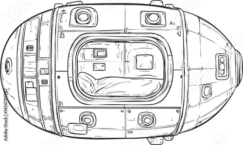 Black and white line drawing of a spacecraft capsule showing detailed exterior and interior design