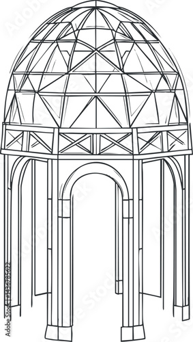 Black and white line art sketch of a decorative gazebo with arches and dome framework