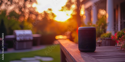 Outdoor gathering in BBQ area with a Bluetooth speaker during sunset amidst vibrant colors and relaxing atmosphere
